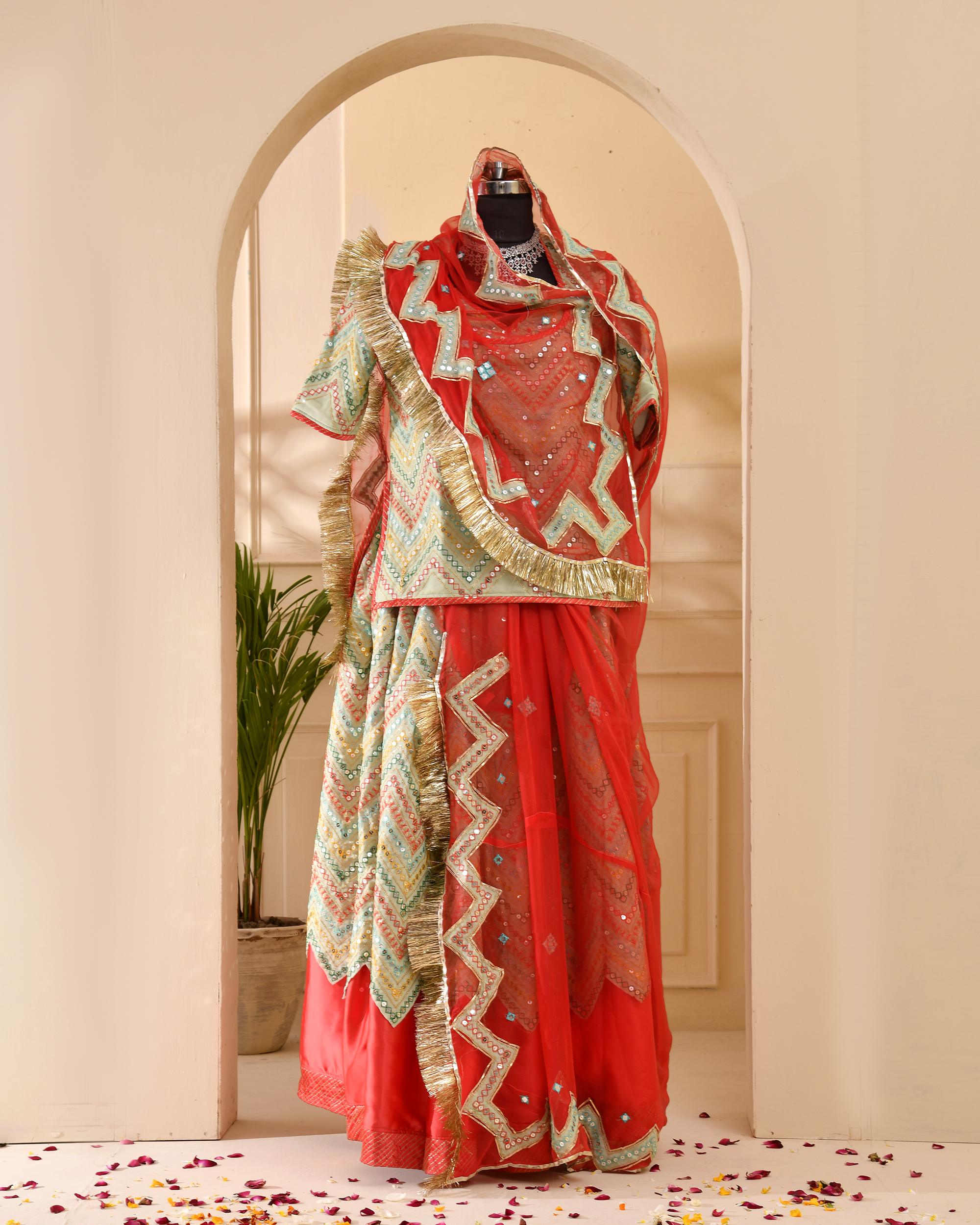 Self Design Mirror Work Carrot and Sea Green Poshak