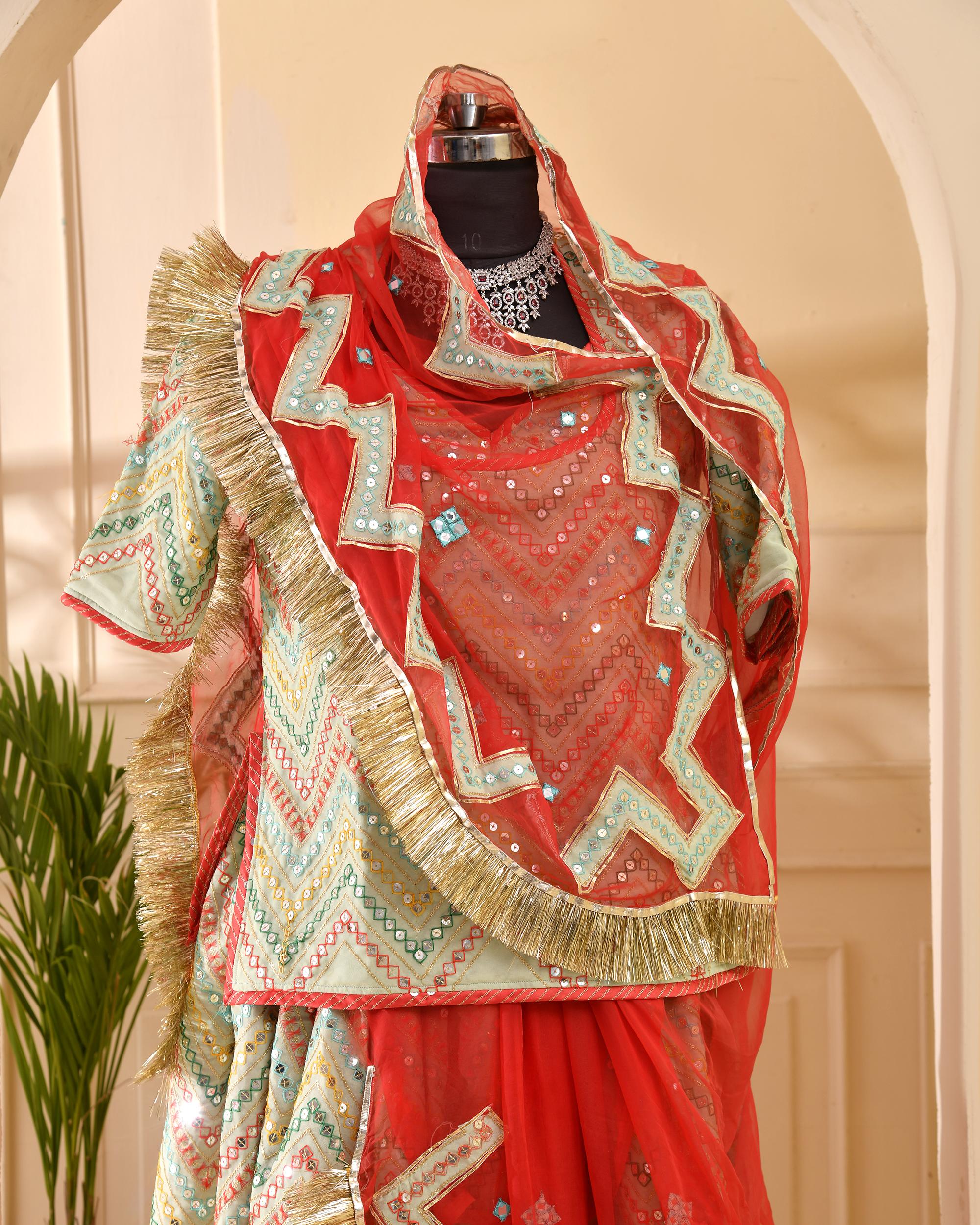 Self Design Mirror Work Carrot and Sea Green Poshak - Image 3