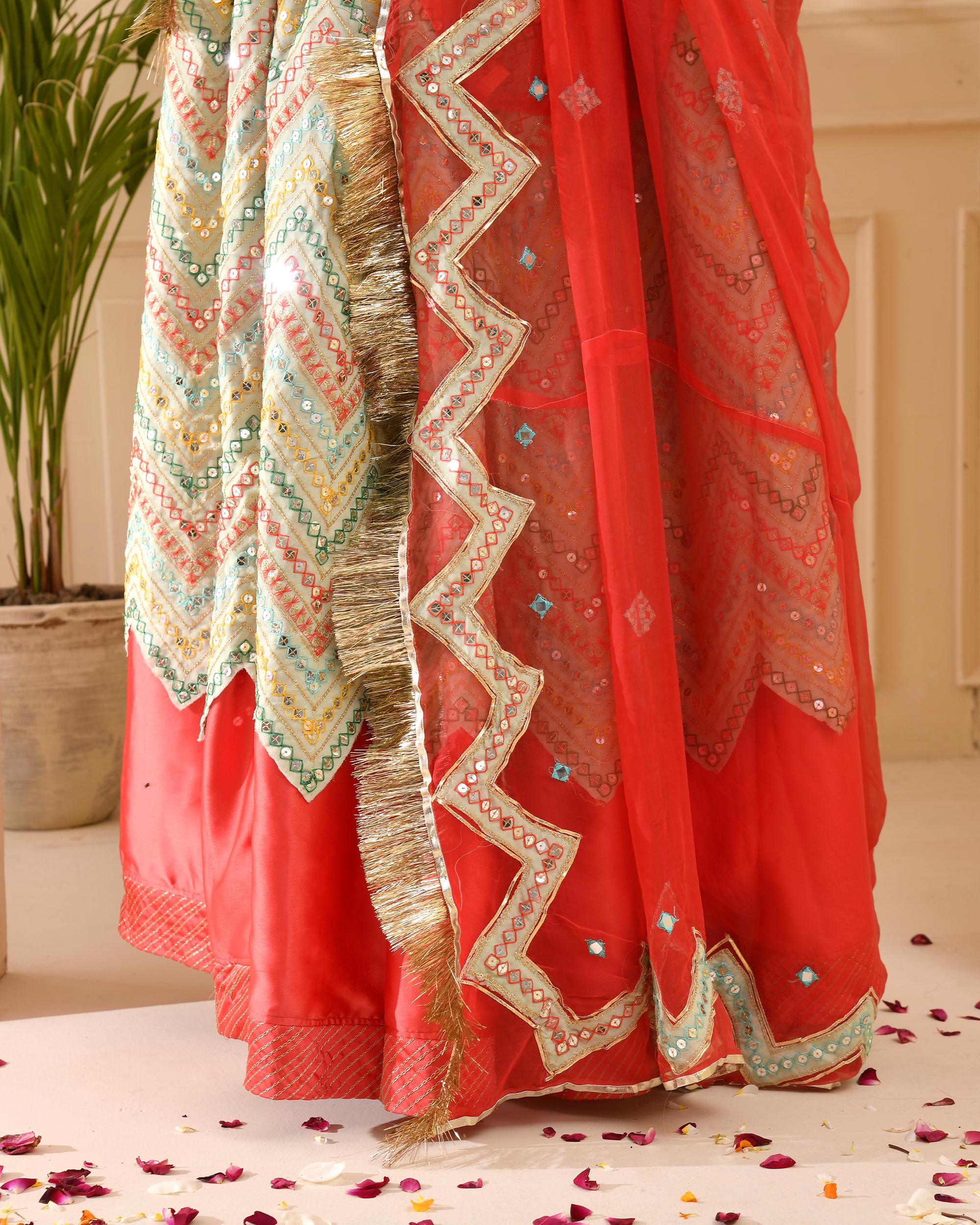 Self Design Mirror Work Carrot and Sea Green Poshak - Image 2