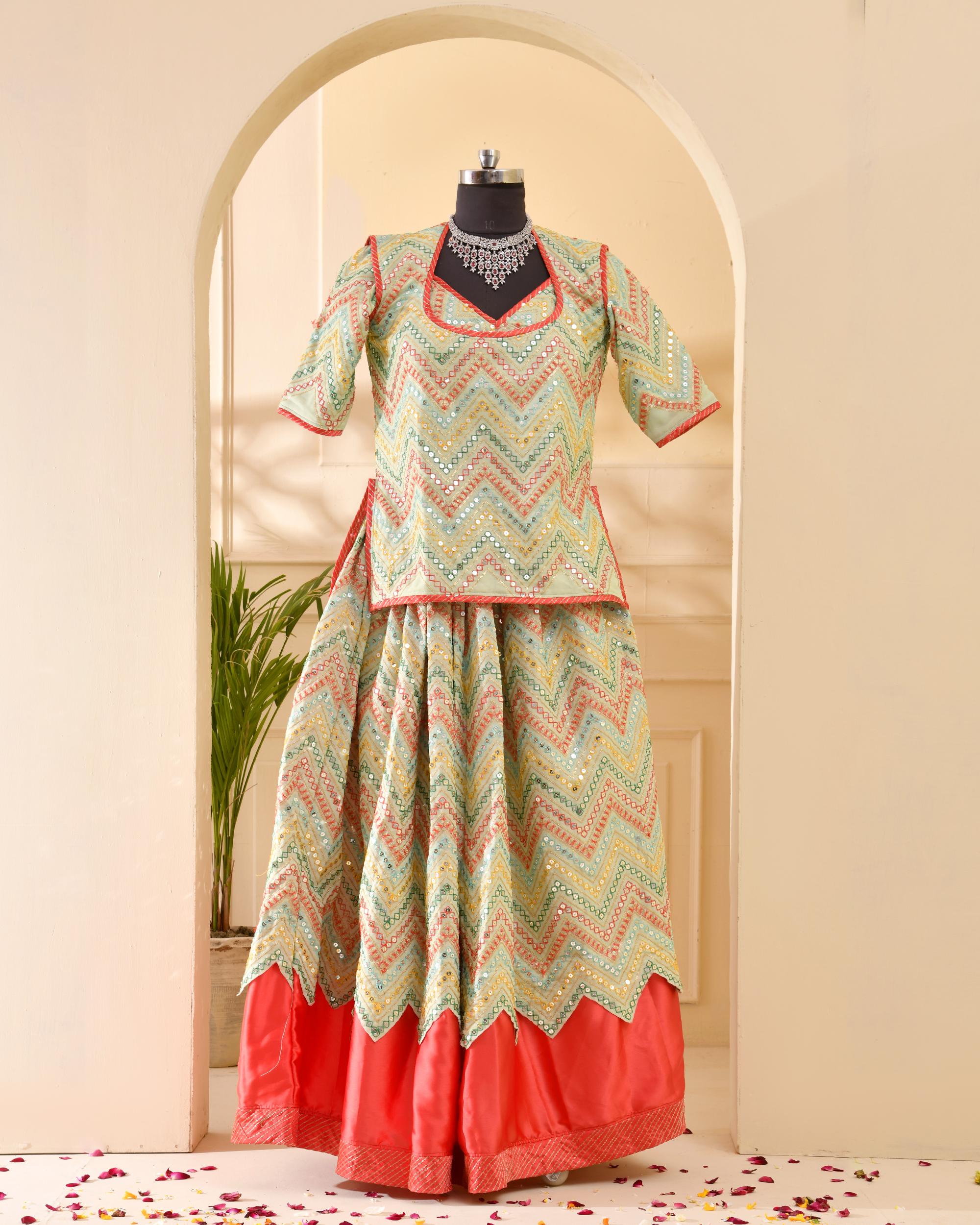 Self Design Mirror Work Carrot and Sea Green Poshak - Image 4