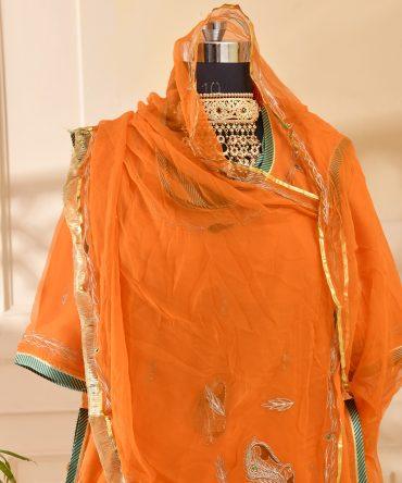 Kesariya Aari Work Parcha Lehanga Poshak