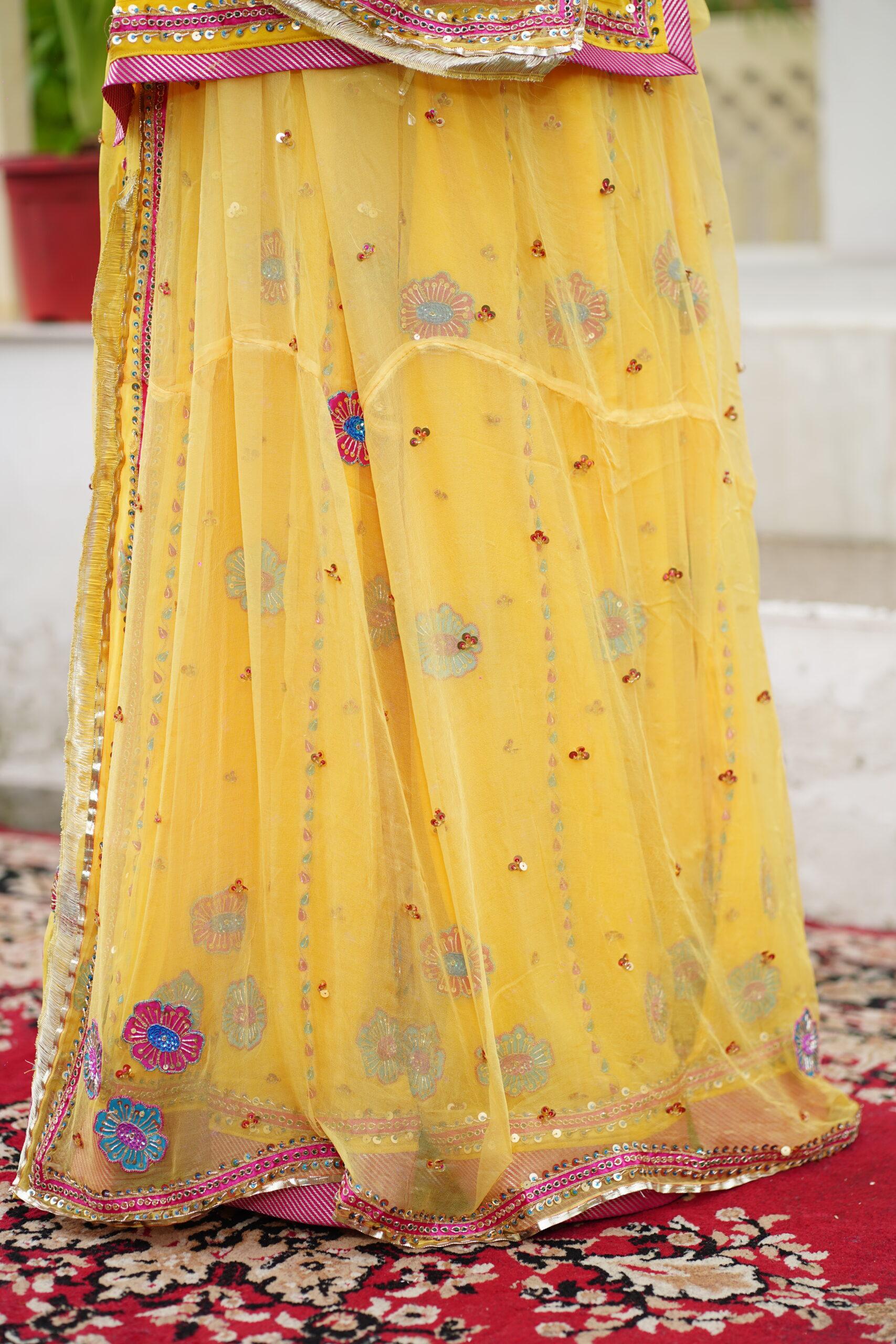 Yellow hand painted flowers and zarri work poshak - Image 3