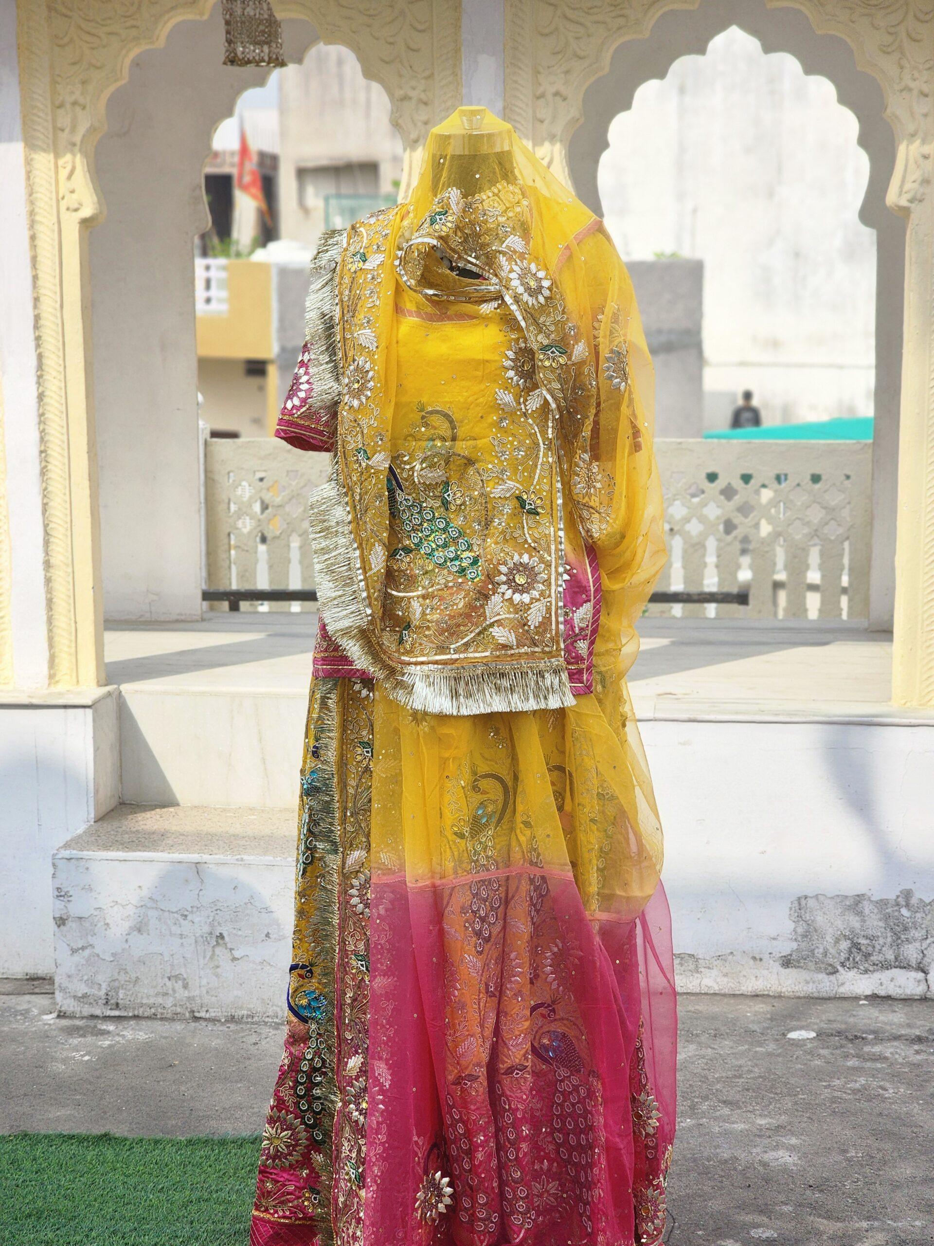 YELLOW-PINK PEACOCK ZARDOZI HAND WORK POSHAK